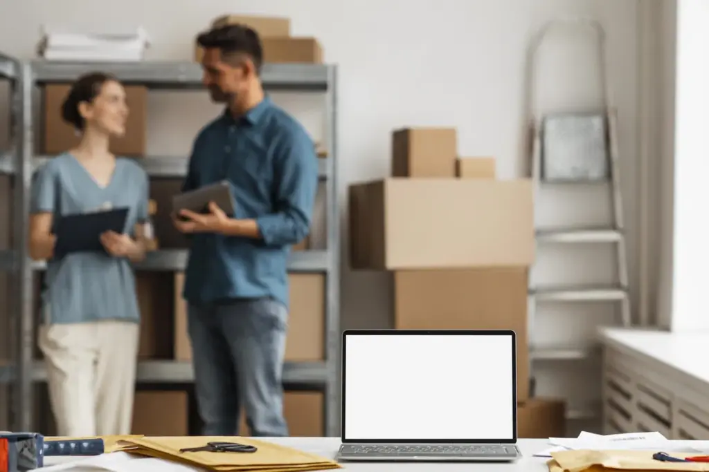 Office movers preparing tagged equipment during a pre-move office audit in NYC
