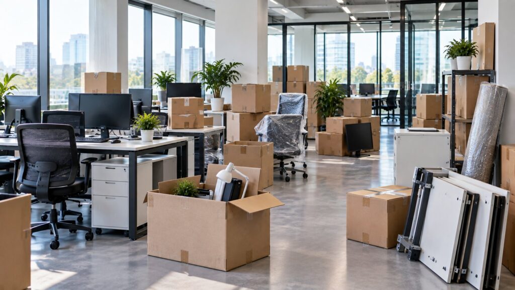 Office workspace with packed boxes during relocation