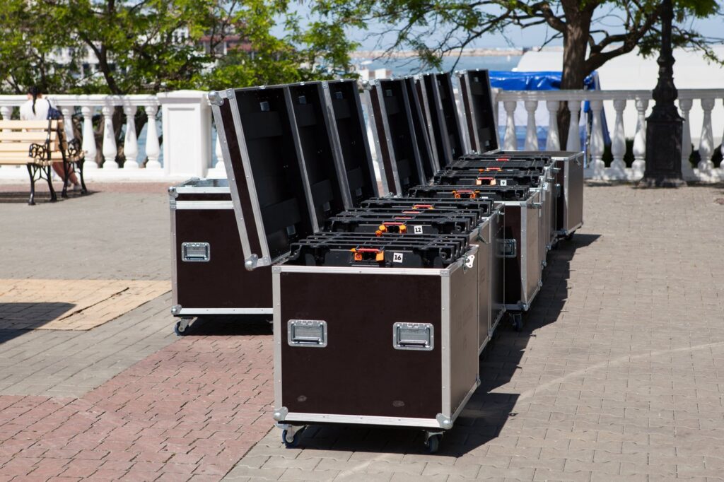 Event equipment in boxes ready for setup